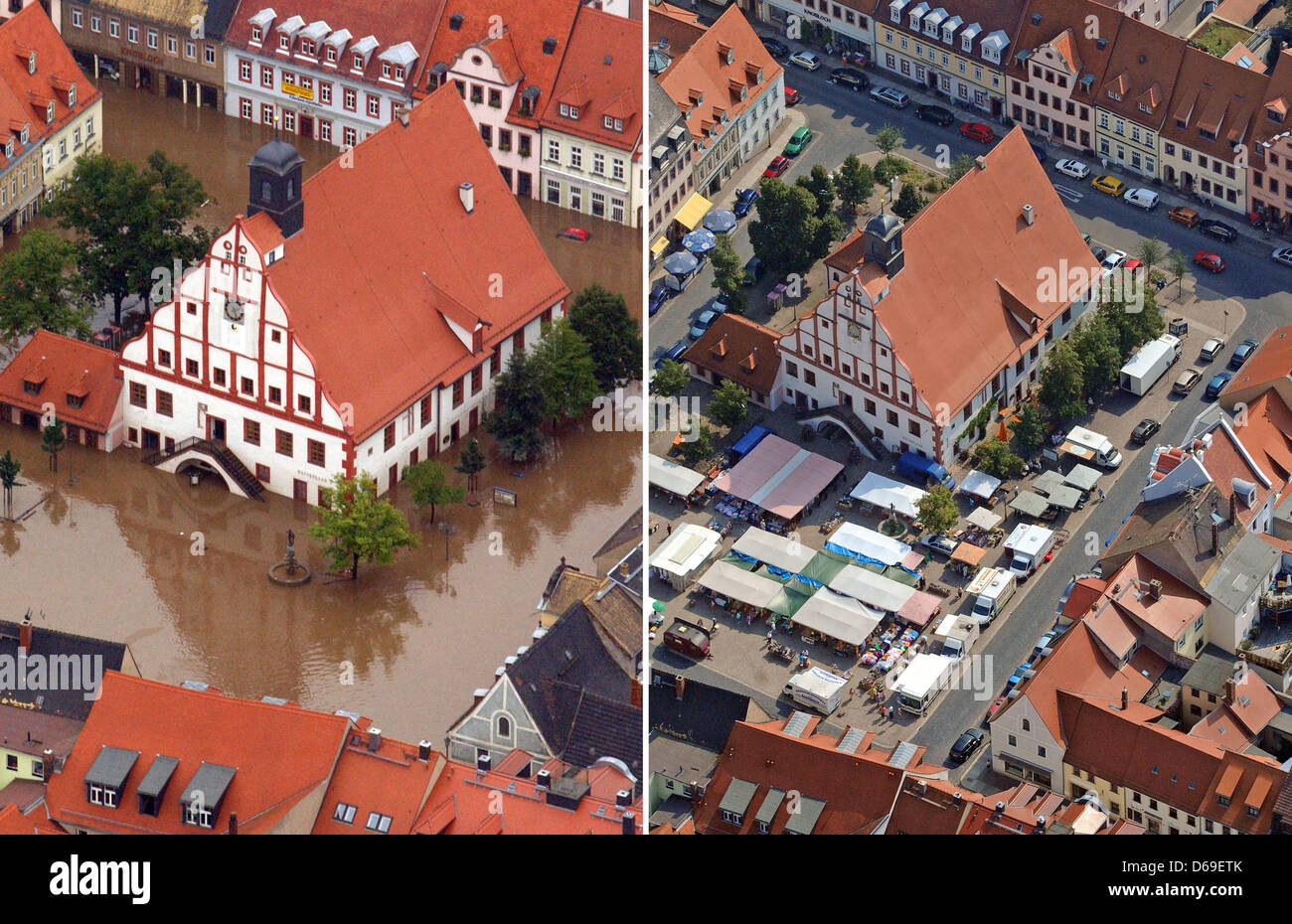 COMBINATION PICTURE - A combination picture shows the city of Grimma which has been flooded by the river Mulde on 14 August 2002 (L) and an aerial view of the city hall in Grimma, Germany, 26 July 2012. Grimma was one of the cities most affected by the flood desaster in 2002. Ten years after the flood Grimma is a flourishing town again. Photo: Jan-Peter Kasper Stock Photo
