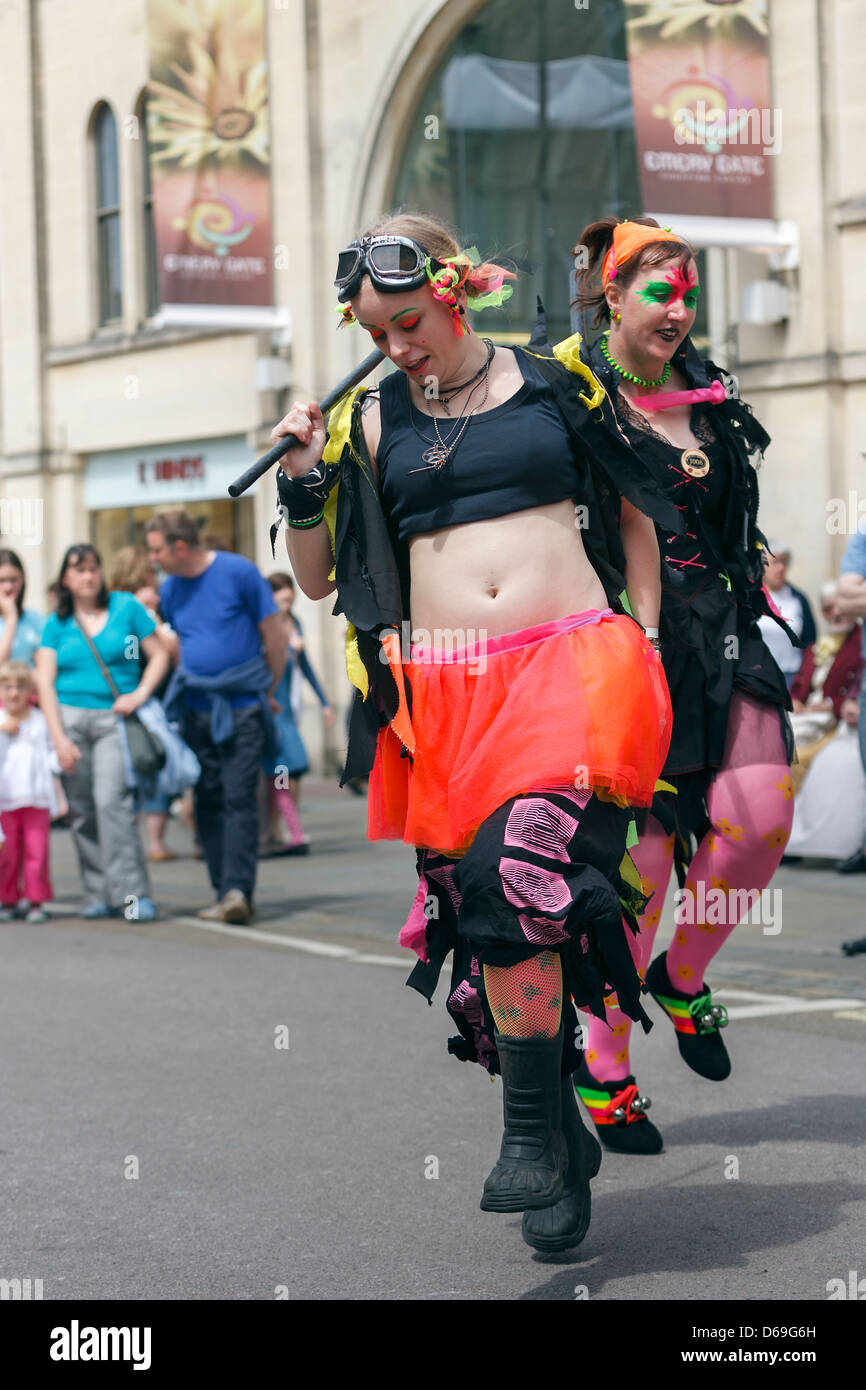 Female Morris dancers take part in the opening day of the Chippenham Folk Festival. Chippenham,Wiltshire,England,UK. Stock Photo