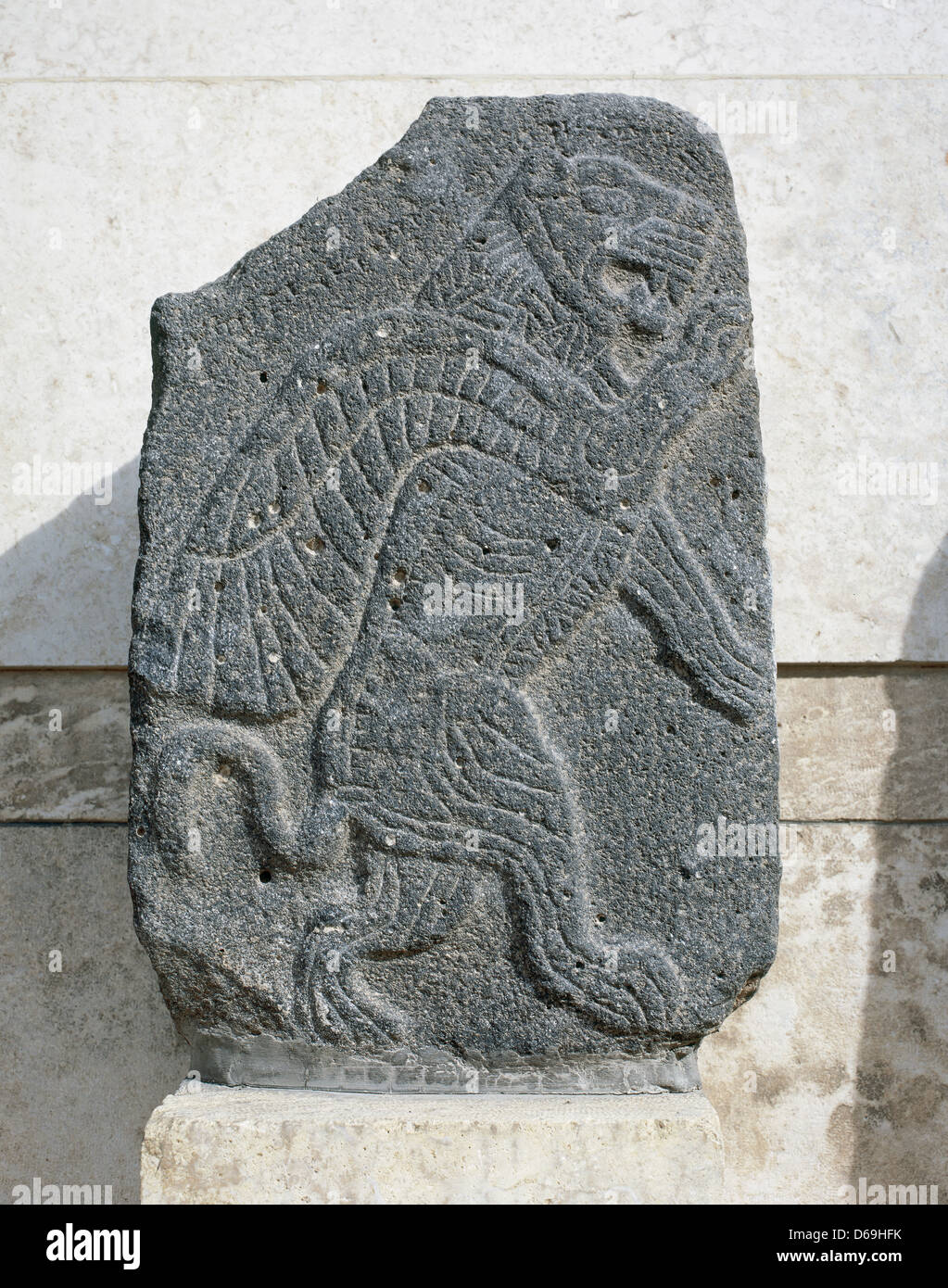 Antiquities Oriental. Aramaean relief. Basalt bas-relief. Winged Lion10th century BC. National Museum. Aleppo. Syria. Stock Photo