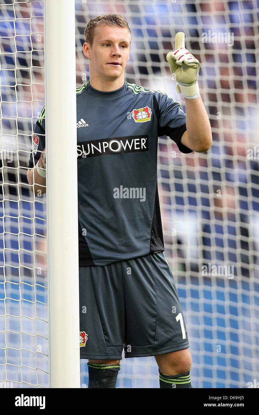 Leverkusen's goalkeeper Bernd Leno gives instructions during the German