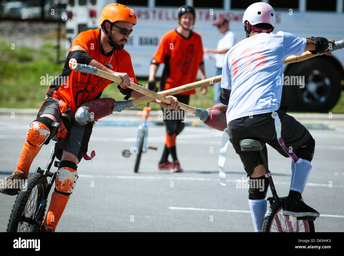 San Marcos, Texas, USA. 14th April, 2013. The Unicychos and the Bierdos play each other for the Unicycle Football League ''Stupor Bowl'' championship game Sunday, April 14, 2013 in San Marcos, TX. Photo@Bahram Mark Sobhani) (Credit Image: Credit:  Bahram Mark Sobhani/ZUMAPRESS.com/Alamy Live News) Stock Photo