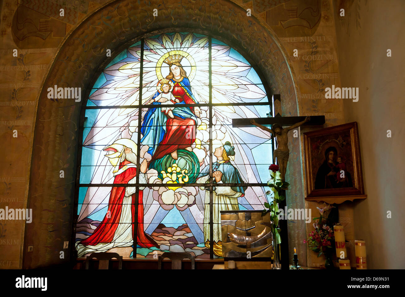 Krakow, Poland, stained glass windows of the Corpus Christi Basilica Stock Photo