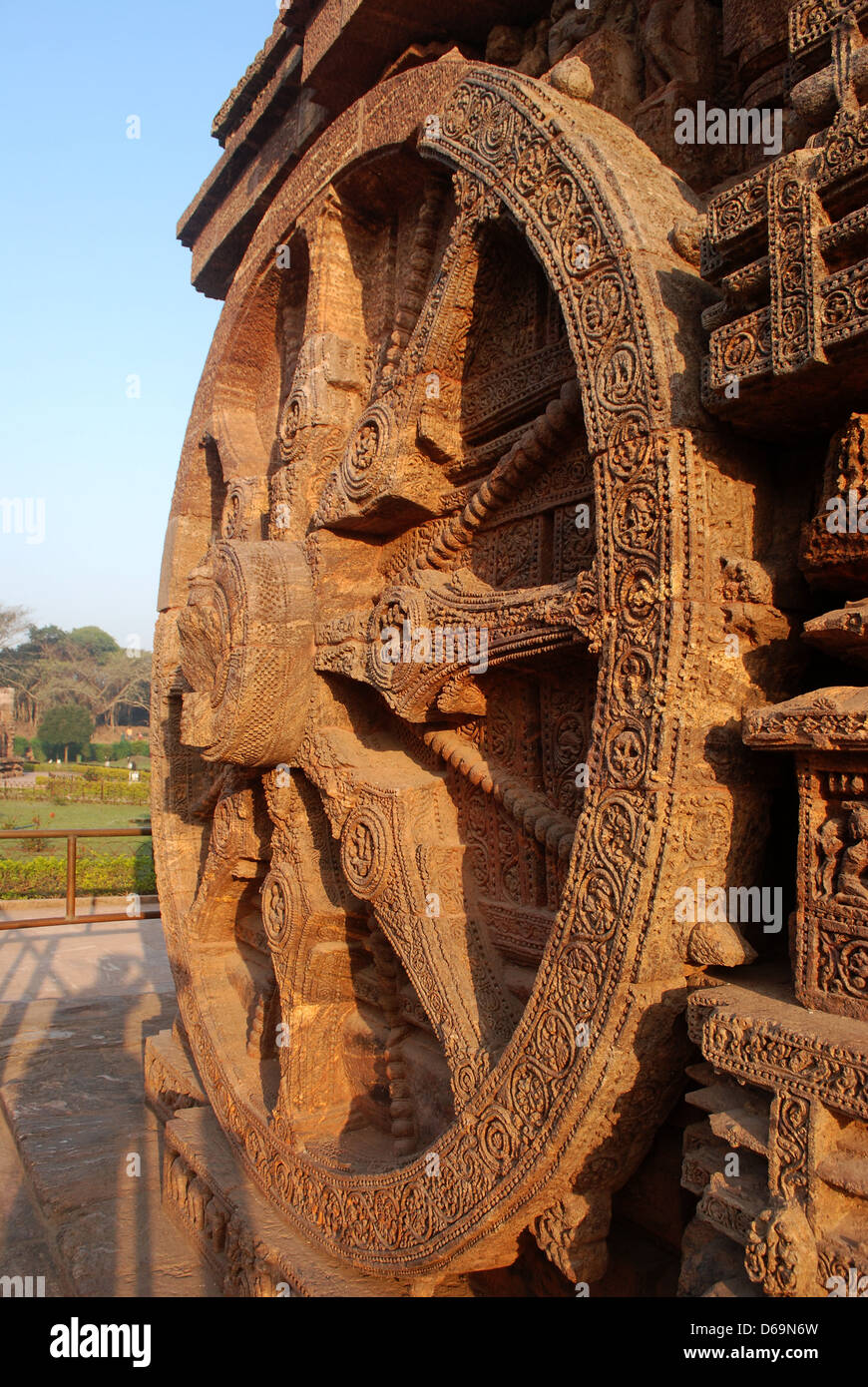 stone carving of chariot wheel at konark sun temple,orissa,india Stock Photo