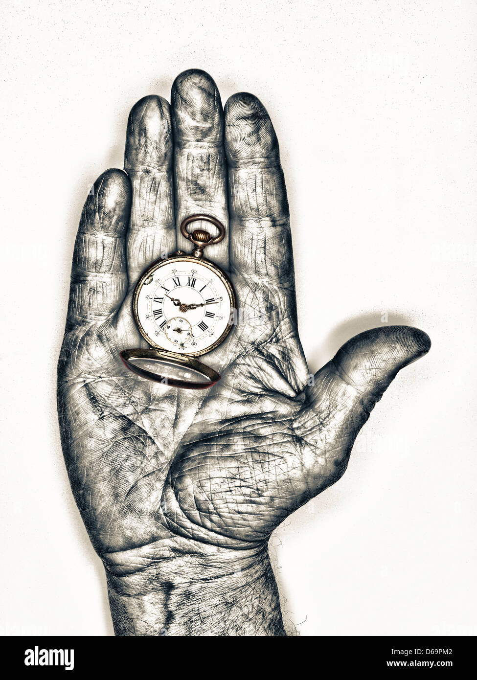 Black and white hand holding watch Stock Photo