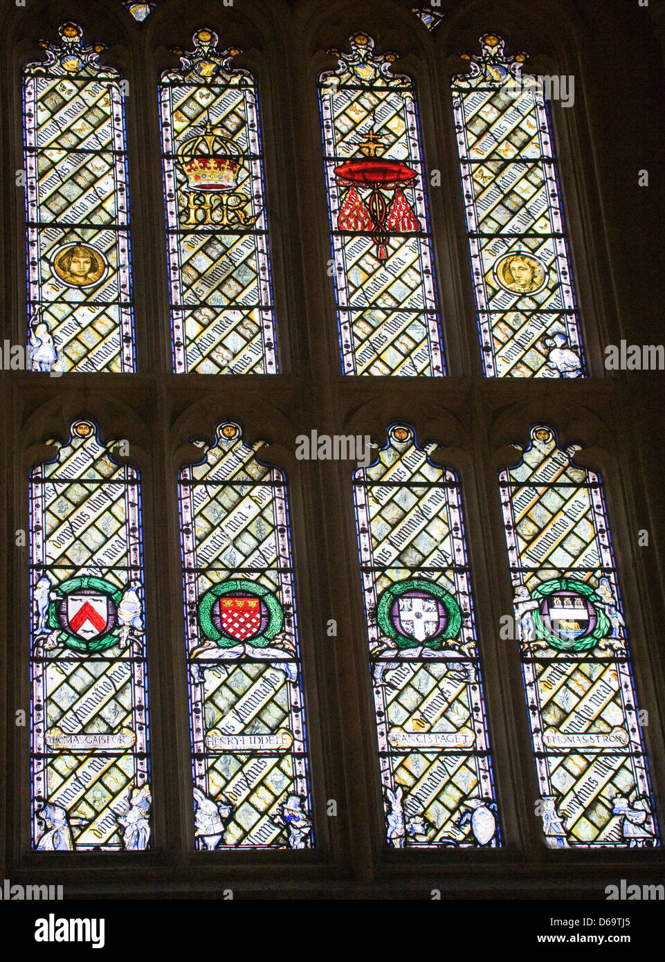 Oxford Oxfordshire Charles Dodgson Lewis Caroll stained glass windows in Christ Church Great Hall Stock Photo