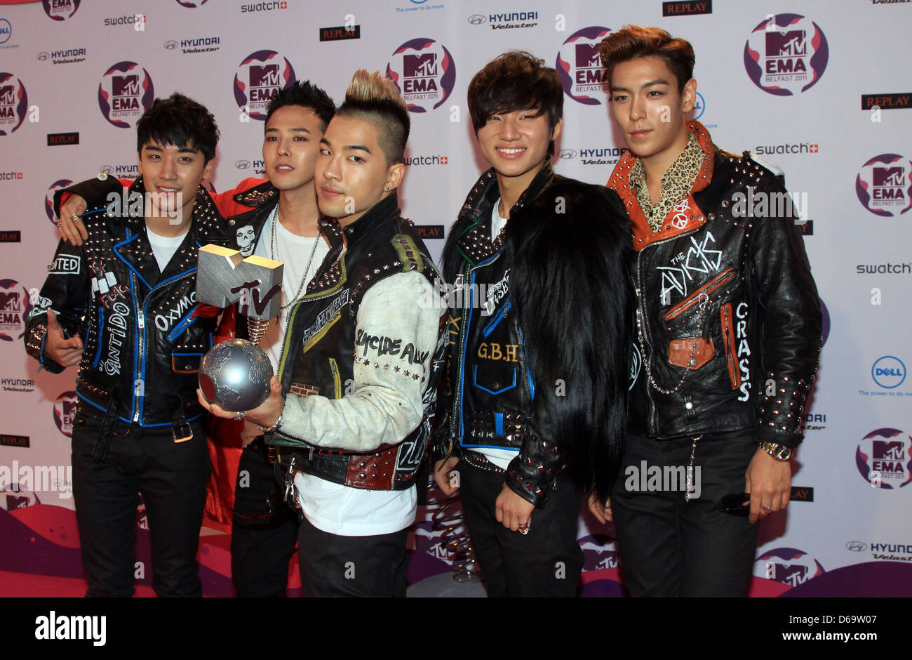 G-Dragon, Taeyang, T.O.P., Daesung, Seungri of BIGBANG The MTV Europe Music Awards 2011 (EMAs) held the Odyssey Arena - Press Stock Photo