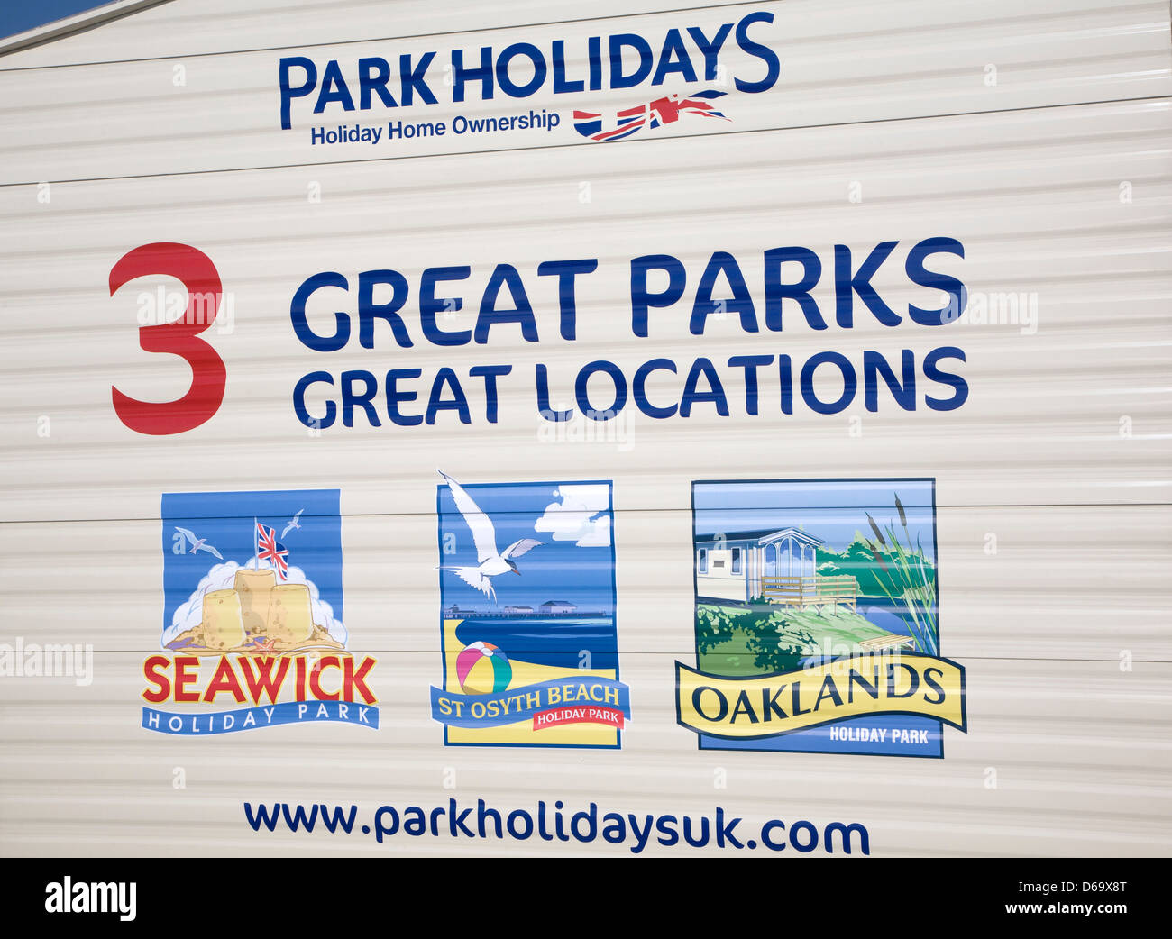 Park Holidays locations advert on caravan, Essex, England Stock Photo