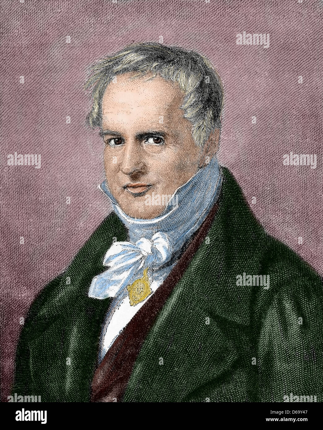 Alexander von Humboldt (1769-1859). German naturalist and geographer. Engraving of A. Neumann in Our Century, 1883. Colored. Stock Photo