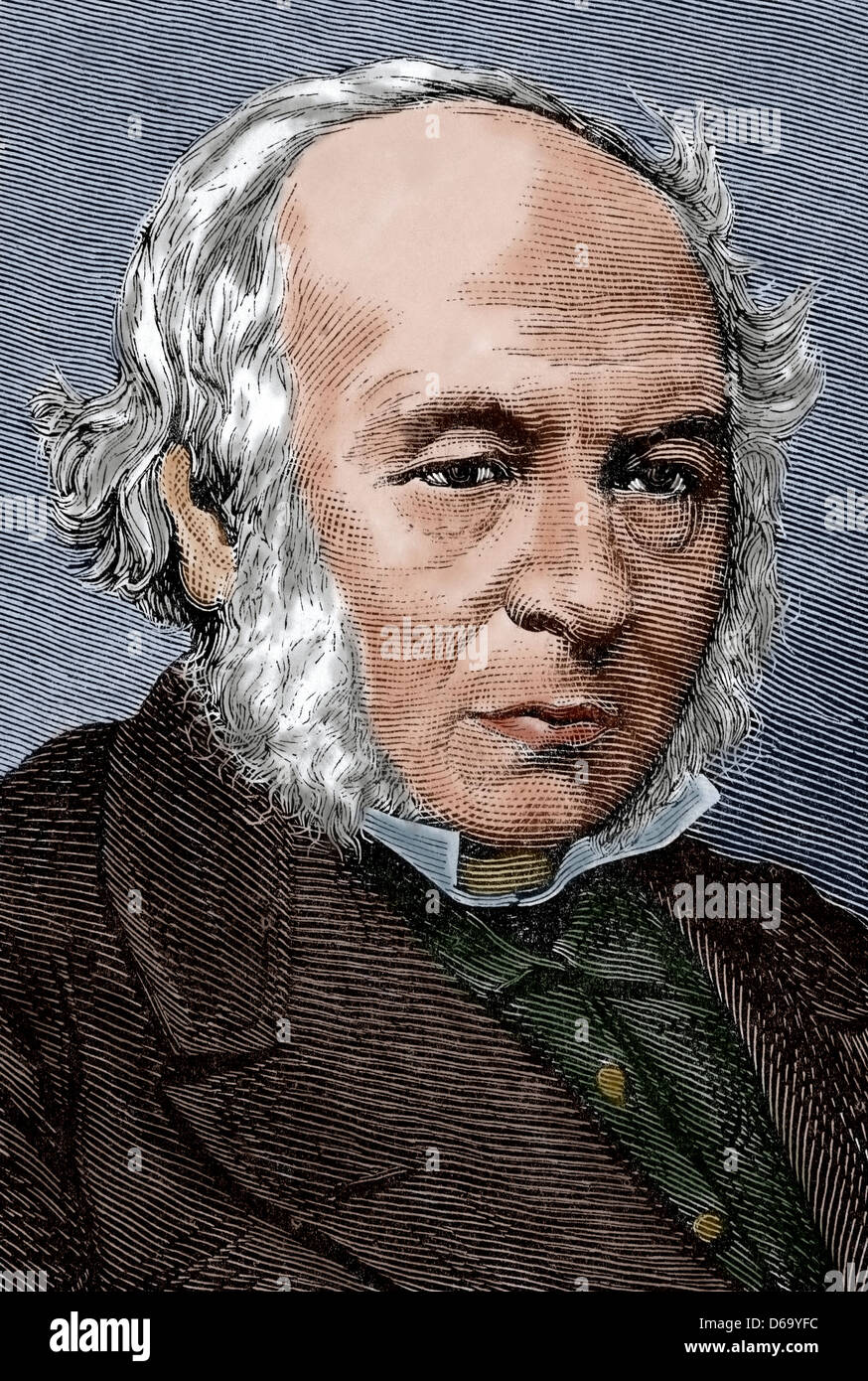 Rowland Hill (1795-1879). British teacher and creator of the first postage stamp, the Penny Black. Colored engraving. Stock Photo