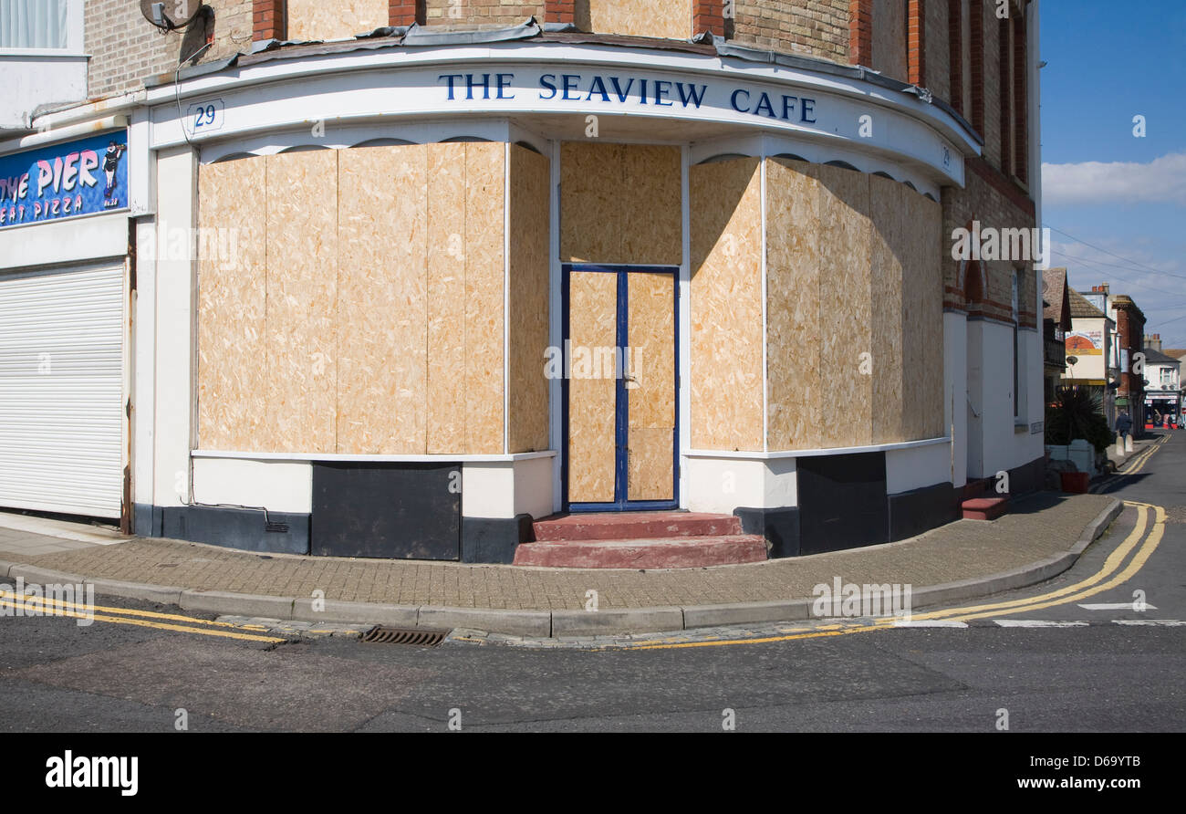 The Seview cafe boarded up, Walton on the Naze, Essex, England Stock Photo