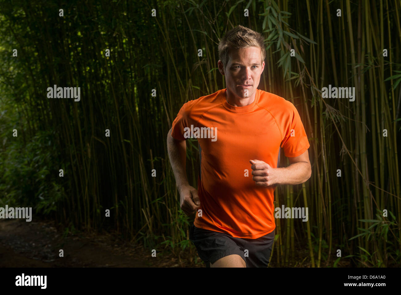 Man running on road in bamboo forest Stock Photo