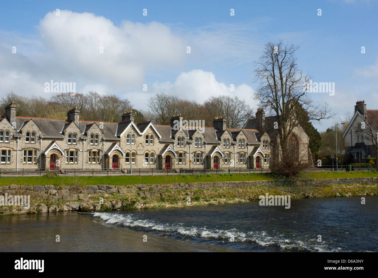 Sleddall Almshouses, on Aynam Road, Kendal, and River Kent, Cumbria