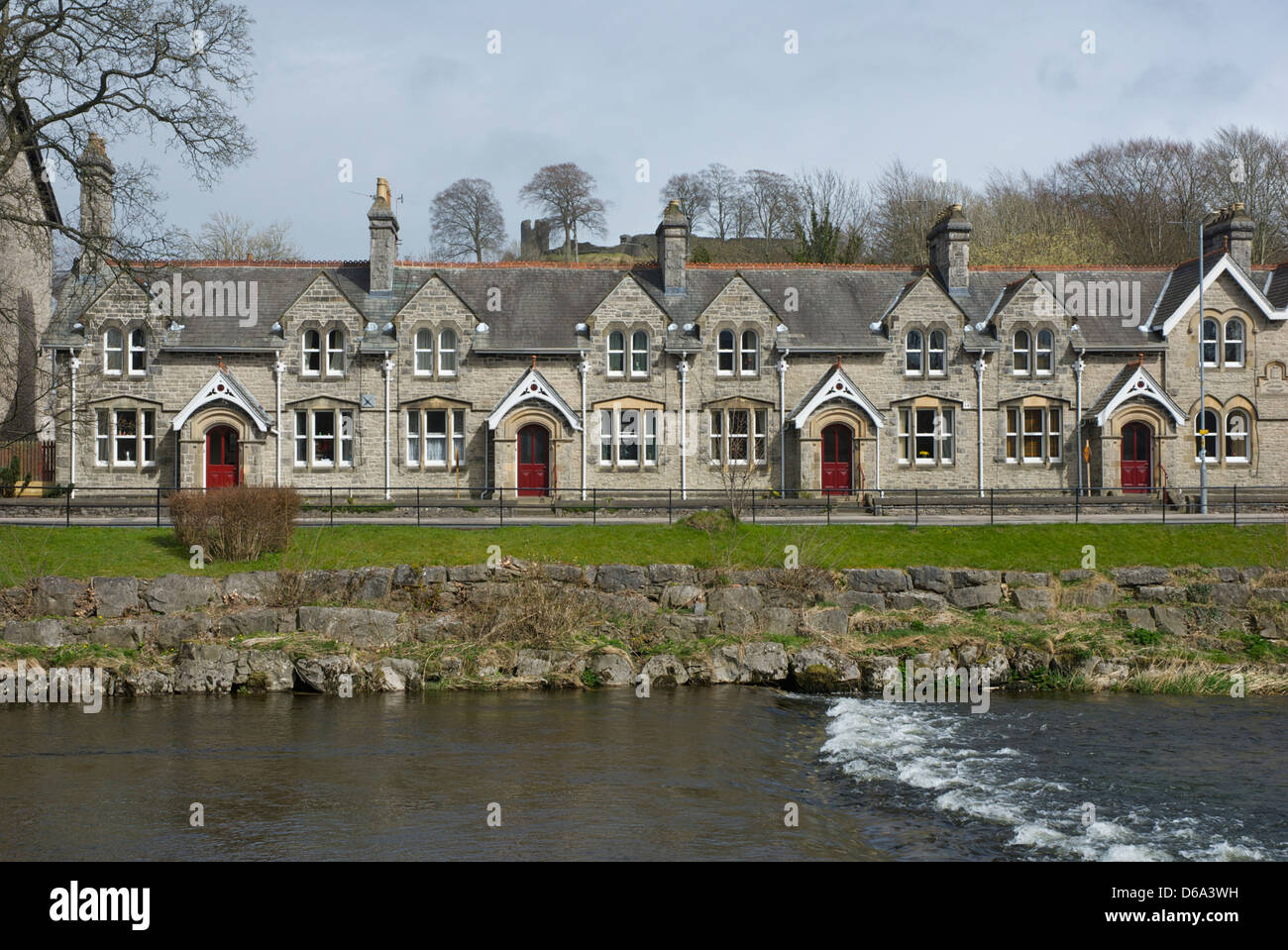 Sleddall Almshouses, on Aynam Road, Kendal, and River Kent, Cumbria