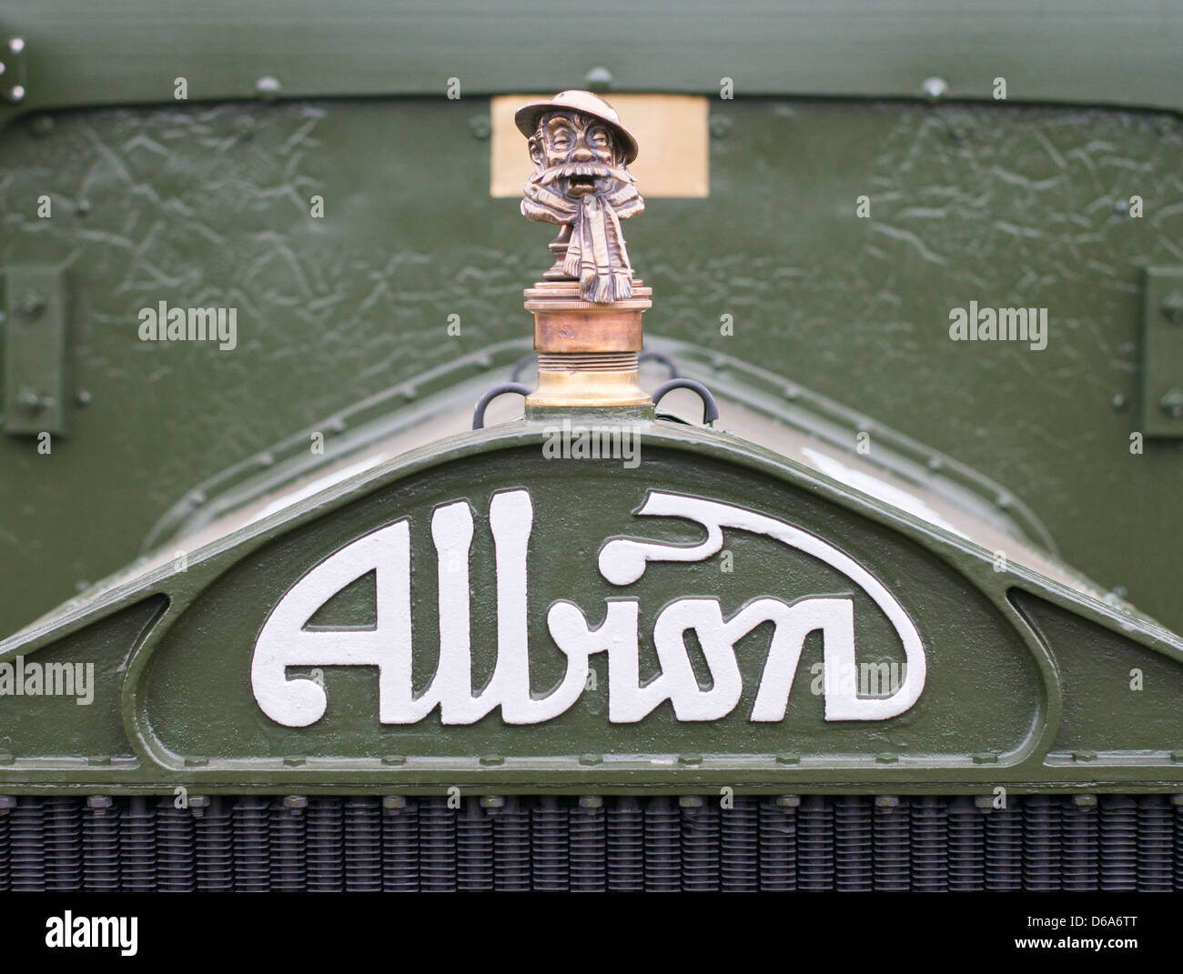 Ex WD 1916 Albion truck with Bruce Bairnsfather bronze 'Old Bill' bonnet ornament Beamish Museum north east England UK Stock Photo