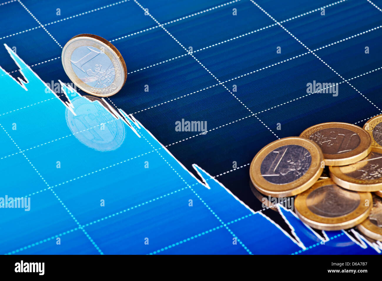 One-euro coins on downtrend chart. Selective focus Stock Photo