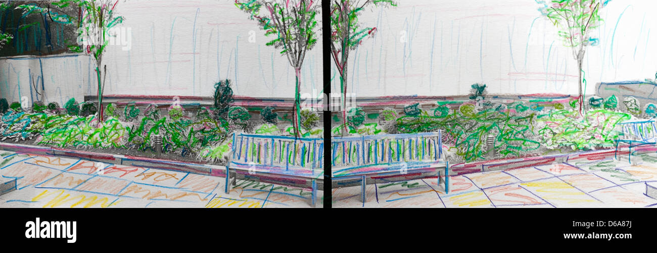 Hand color of NYC park benches. Stock Photo