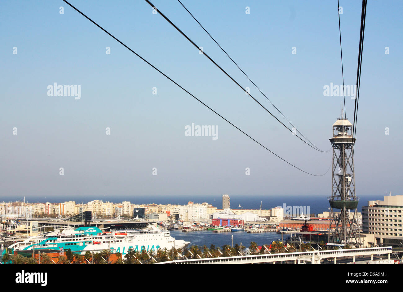 Cable car tower with sea view in Barcelona, Spain Stock Photo