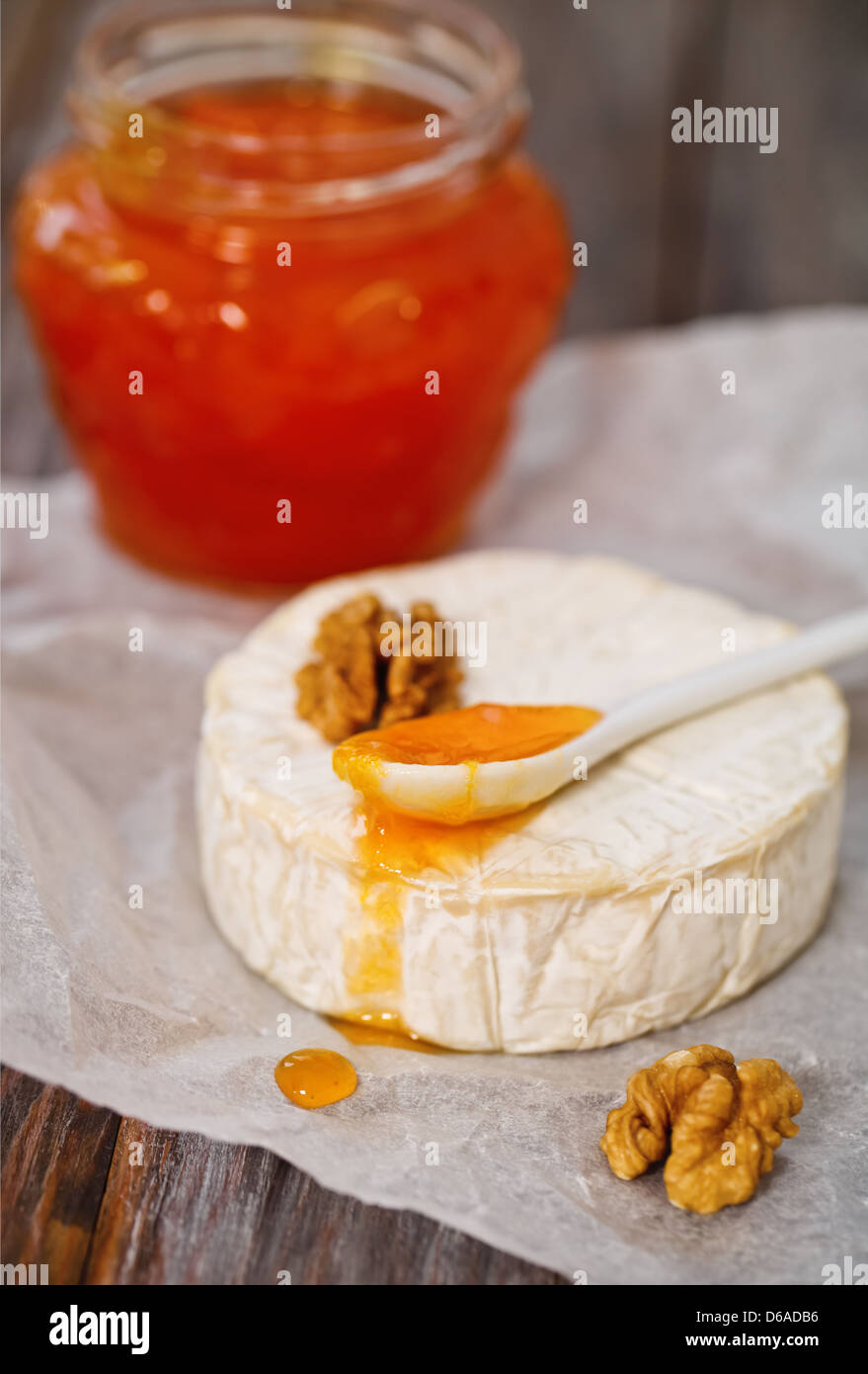 Cheese platter with nuts and jam Stock Photo Alamy