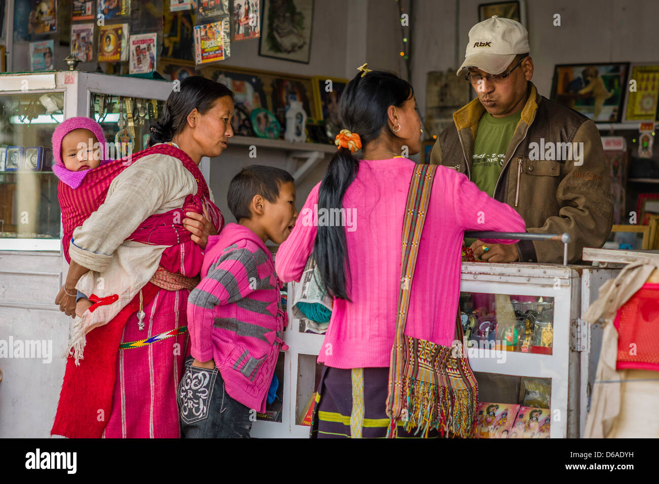Local people from the Monpa tribe shop at a local shop in Tawang town