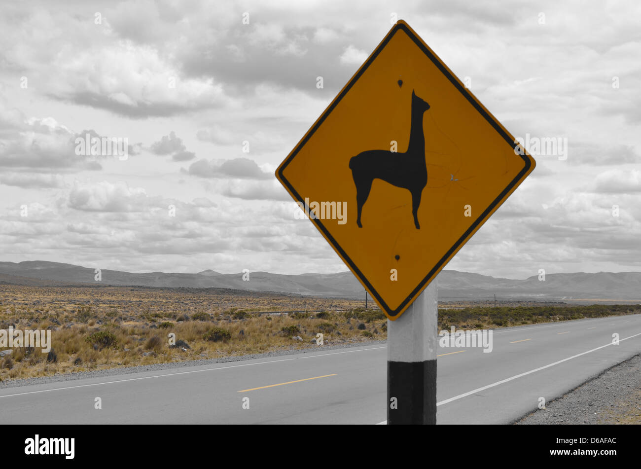 Llama crossing signpost on the highway near Arequipa, Peru Stock Photo