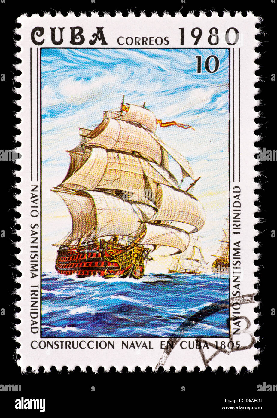 Postage stamp from Cuba depicting the naval warship Santisima Trinidad at sea. Stock Photo
