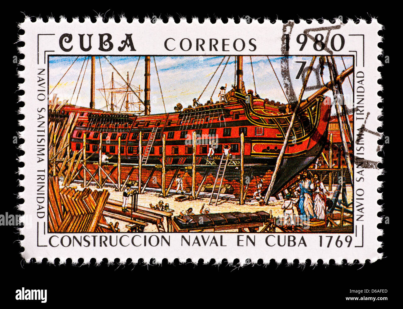 Postage stamp from Cuba depicting the construction of the naval vessel Santisima Trinidad. Stock Photo