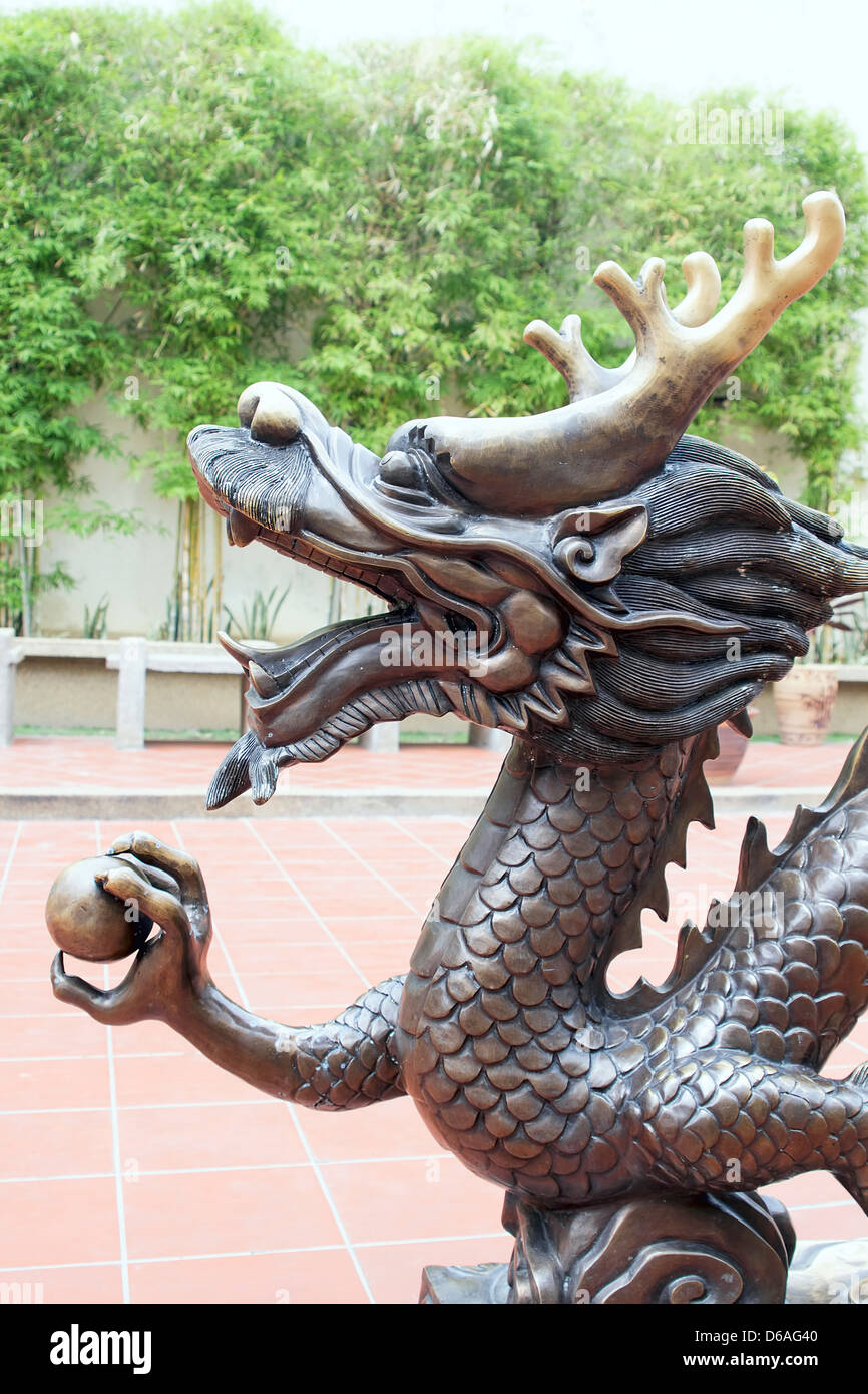 Bronze Sculpture Chinese Dragon in Public Square Closeup Stock Photo
