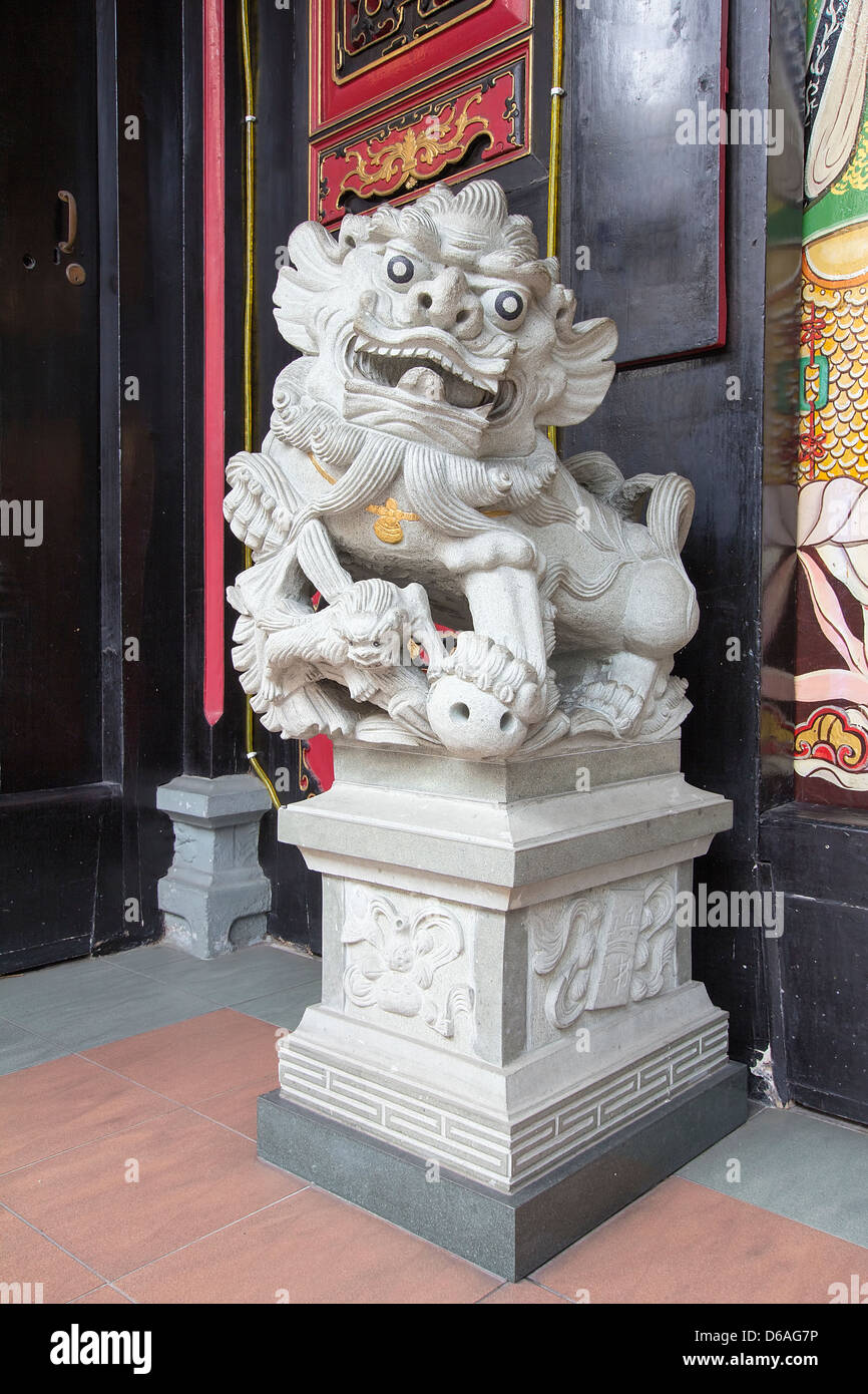 Chinese Foo Dog Temple Female Lion Guardian Marble Stone Sculpture Stock Photo