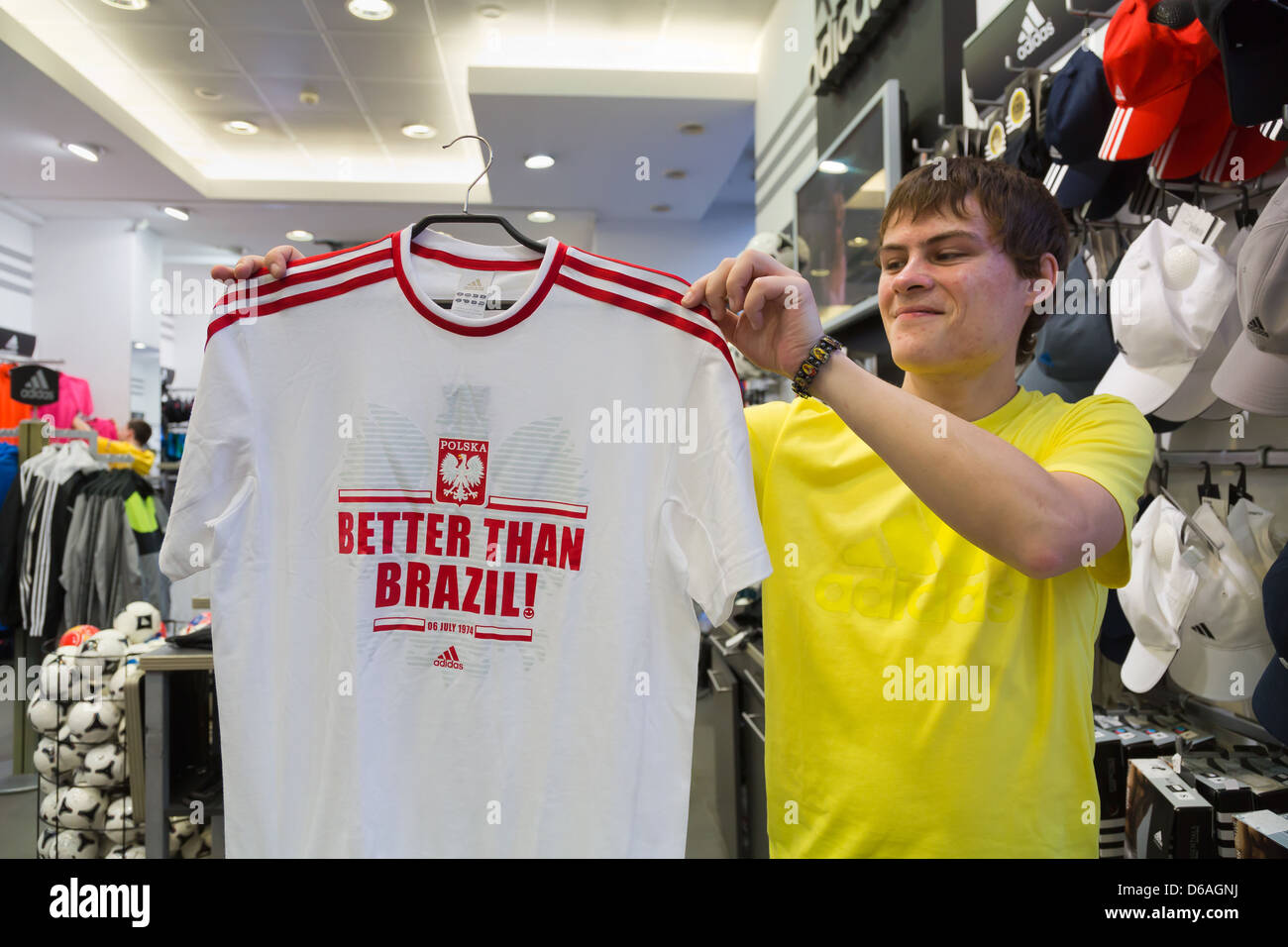 Lviv, Ukraine, a Dealer adidas shops with a T-shirt that said poles better  than Brazil Stock Photo - Alamy