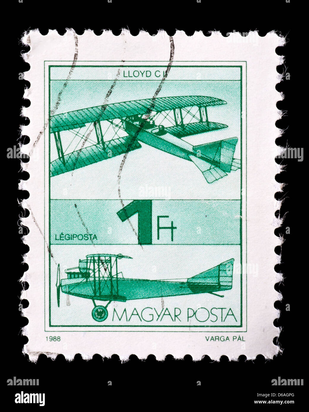 Postage stamp from Hungary depicting a Lloyd CII biplane. Stock Photo