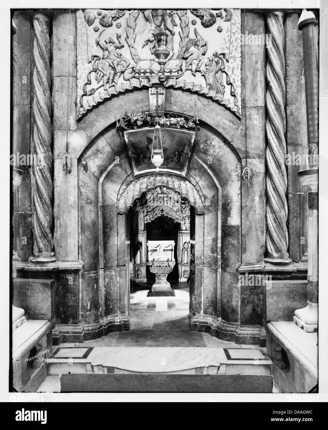 Jerusalem (El-Kouds). The Angel's Stone, Church of Holy Sepulchre, circa 1900 Stock Photo