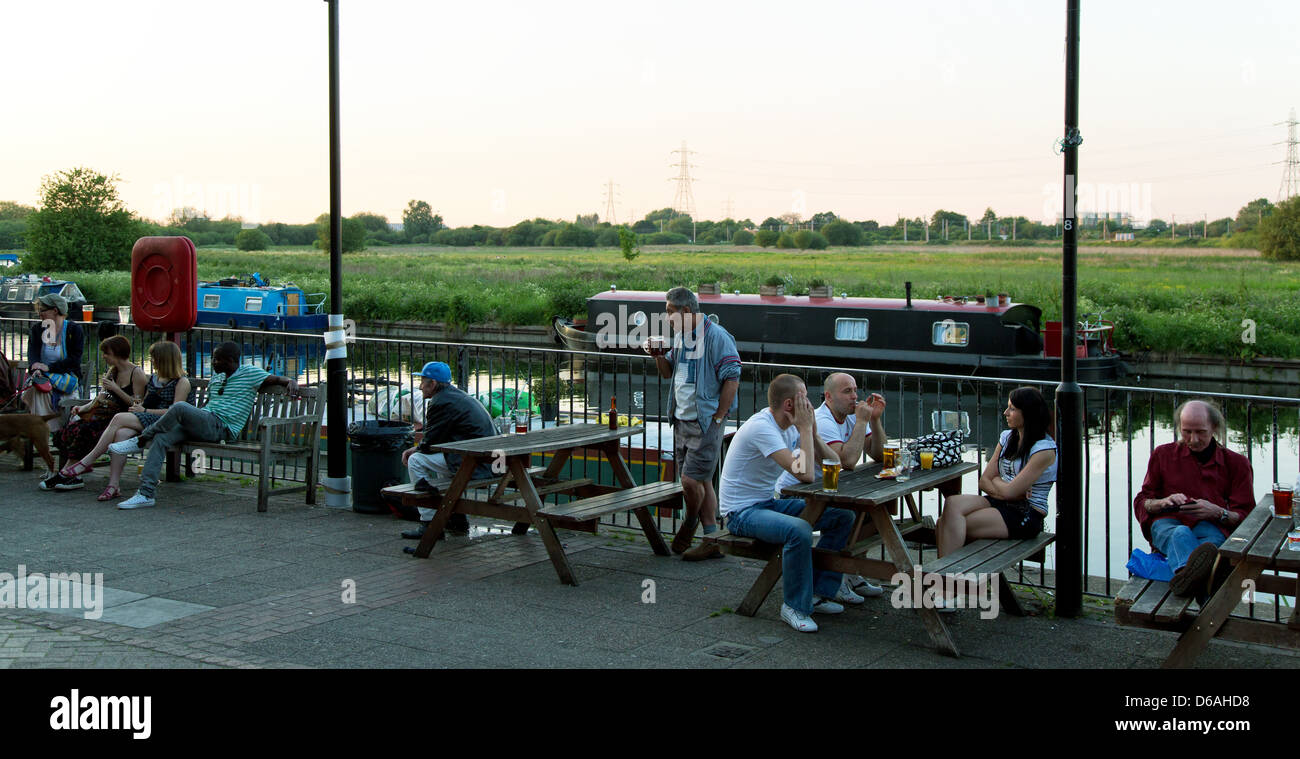 London, United Kingdom, Guests in a street cafe on the River Lee Navigation Stock Photo