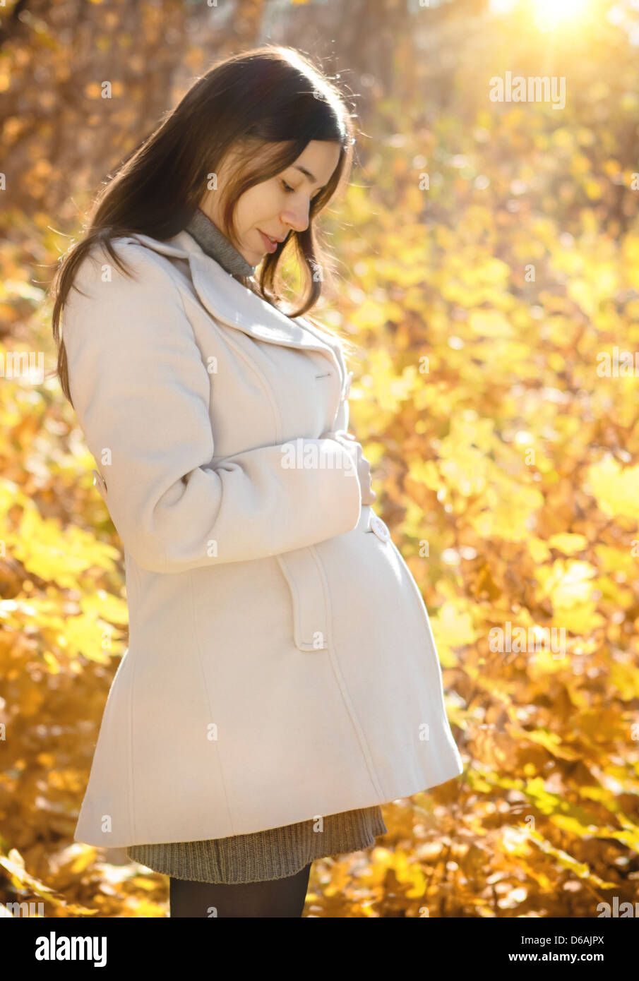 Happy pregnant woman in the autumn park Stock Photo - Alamy
