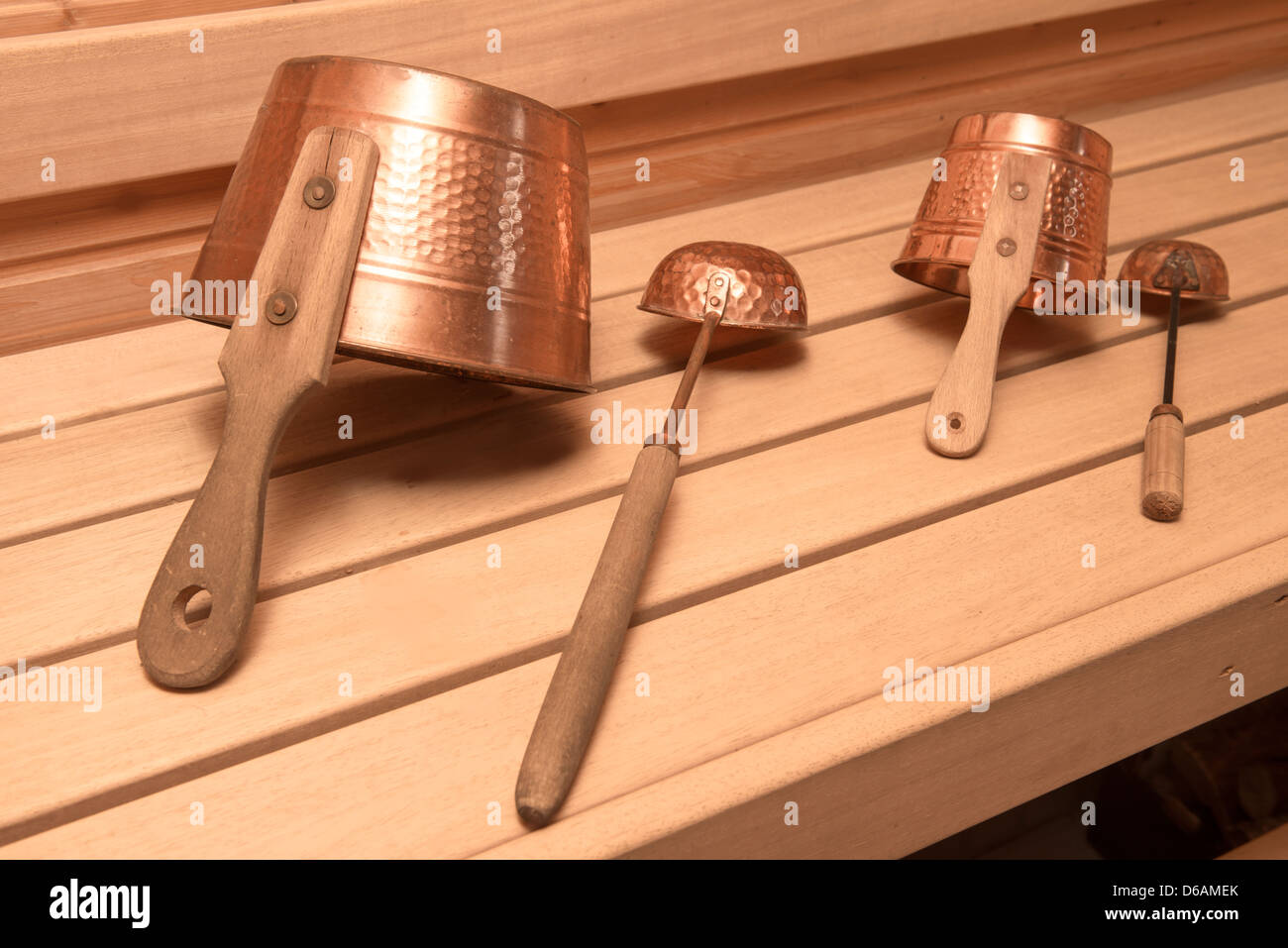 Two buckets for water with ladles in an interior of the Finnish sauna Stock Photo