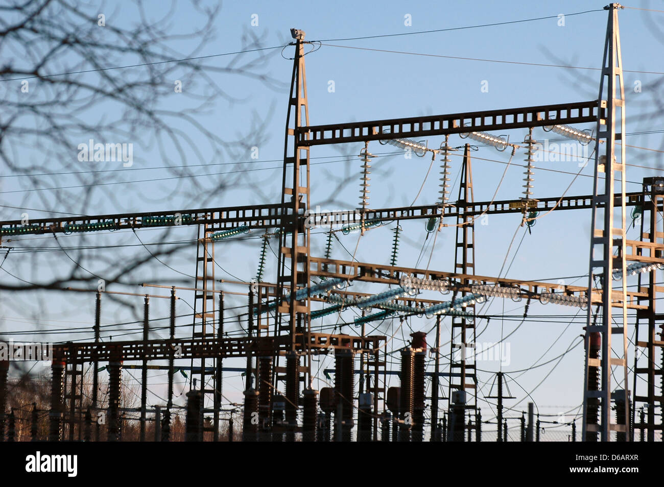 Industrial Electric power line transformer silhouette Stock Photo Alamy