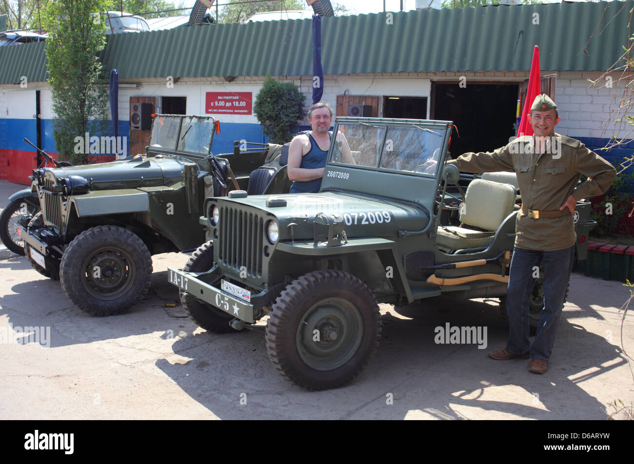 WWII US Army Willys Jeep and Soviet GAZ Jeep restored Stock Photo