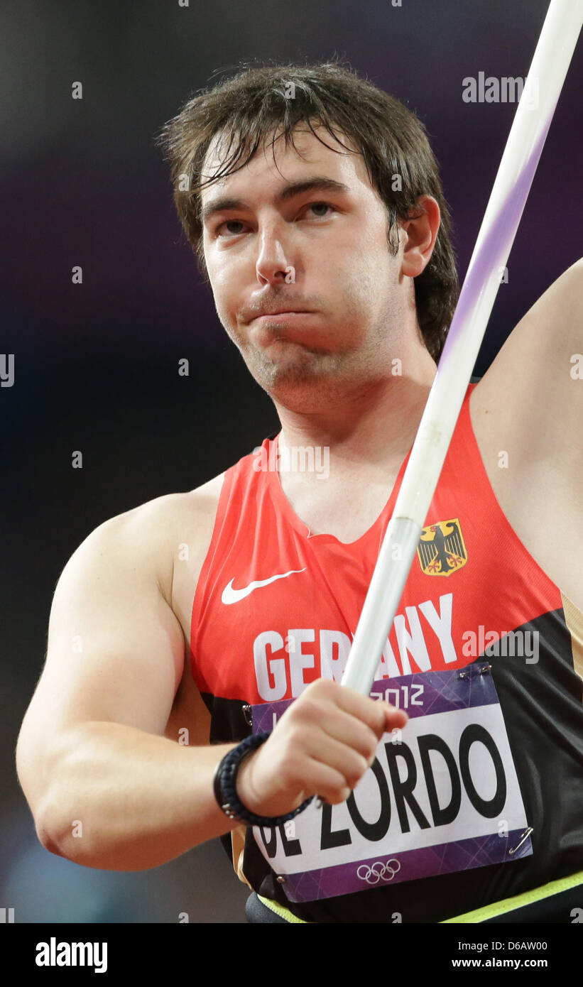 Matthias de Zordo of Germany competes during the Men's Javelin Throw Qualifikation of the Athletics, Track and Field events in Olympic Stadium at the London 2012 Olympic Games, London, Great Britain, 08 August 2012. Photo: Michael Kappeler dpa  +++(c) dpa - Bildfunk+++ Stock Photo