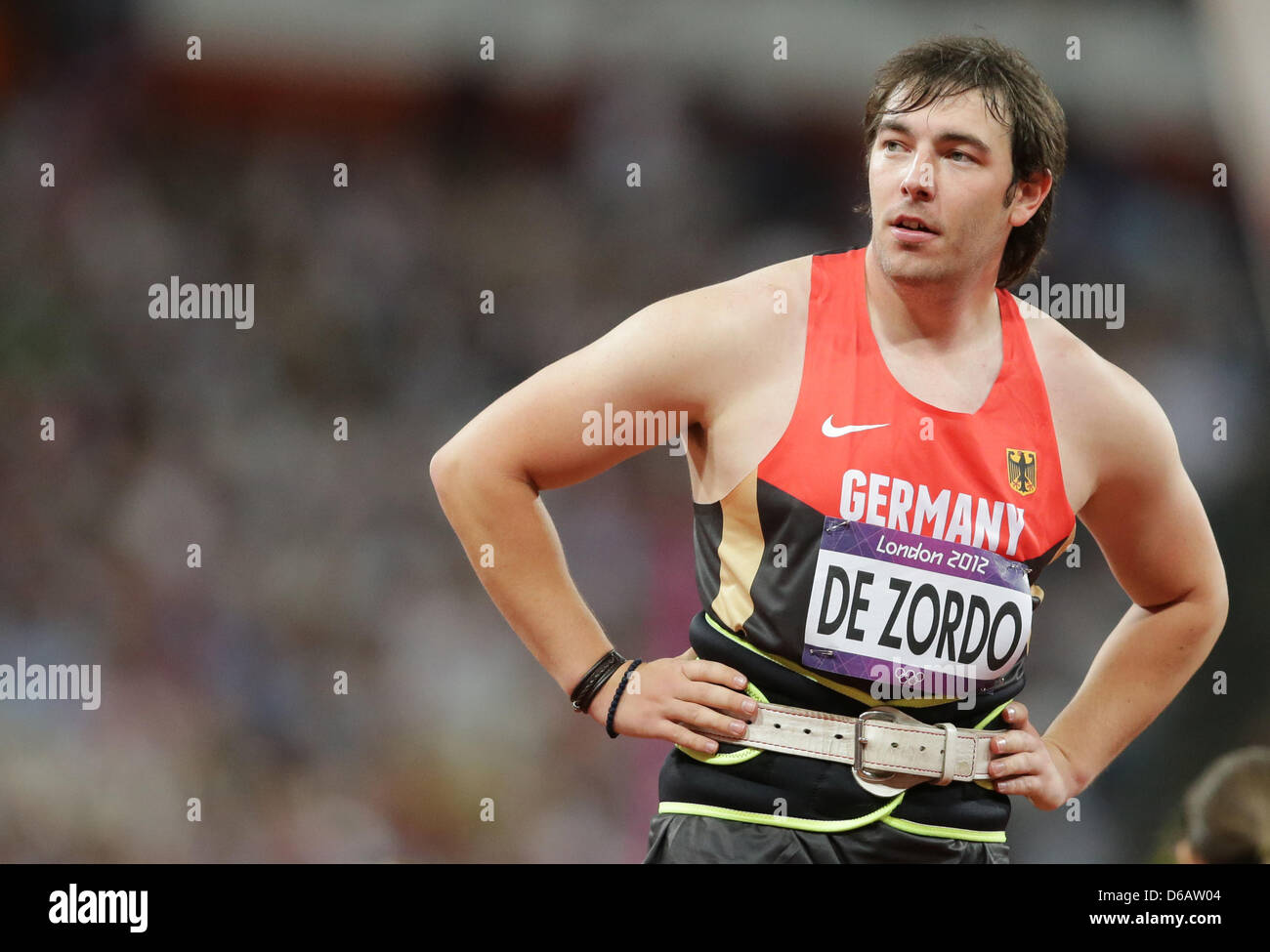 Matthias de Zordo of Germany reacts during the Men's Javelin Throw Qualifikation of the Athletics, Track and Field events in Olympic Stadium at the London 2012 Olympic Games, London, Great Britain, 08 August 2012. Photo: Michael Kappeler dpa  +++(c) dpa - Bildfunk+++ Stock Photo