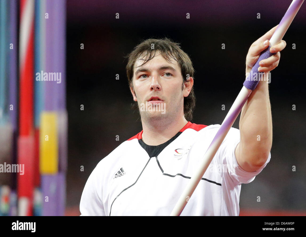 Matthias de Zordo of Germany reacts during the Men's Javelin Throw Qualifikation of the Athletics, Track and Field events in Olympic Stadium at the London 2012 Olympic Games, London, Great Britain, 08 August 2012. Photo: Michael Kappeler dpa  +++(c) dpa - Bildfunk+++ Stock Photo