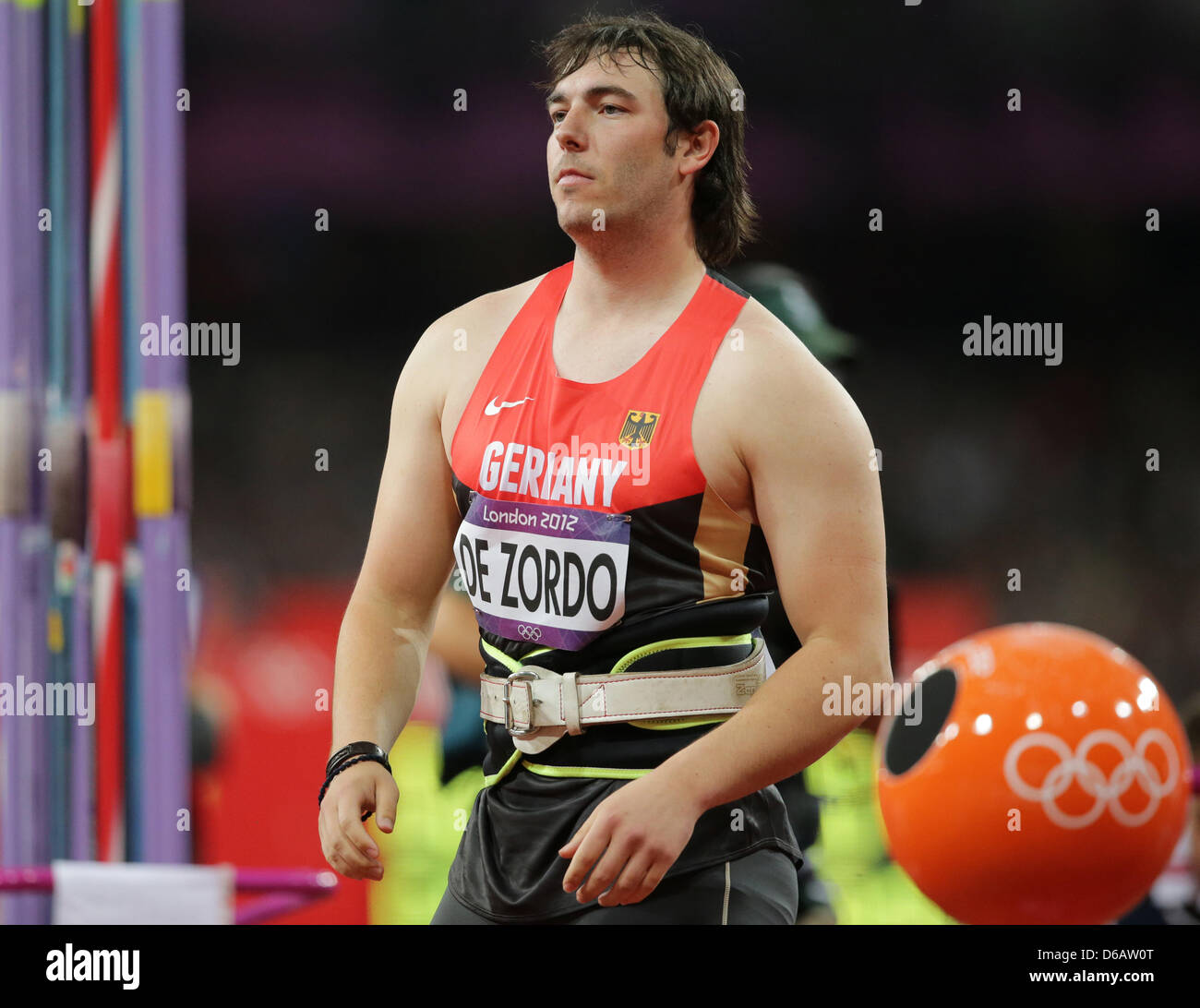 Matthias de Zordo of Germany reacts during the Men's Javelin Throw Qualifikation of the Athletics, Track and Field events in Olympic Stadium at the London 2012 Olympic Games, London, Great Britain, 08 August 2012. Photo: Michael Kappeler dpa  +++(c) dpa - Bildfunk+++ Stock Photo