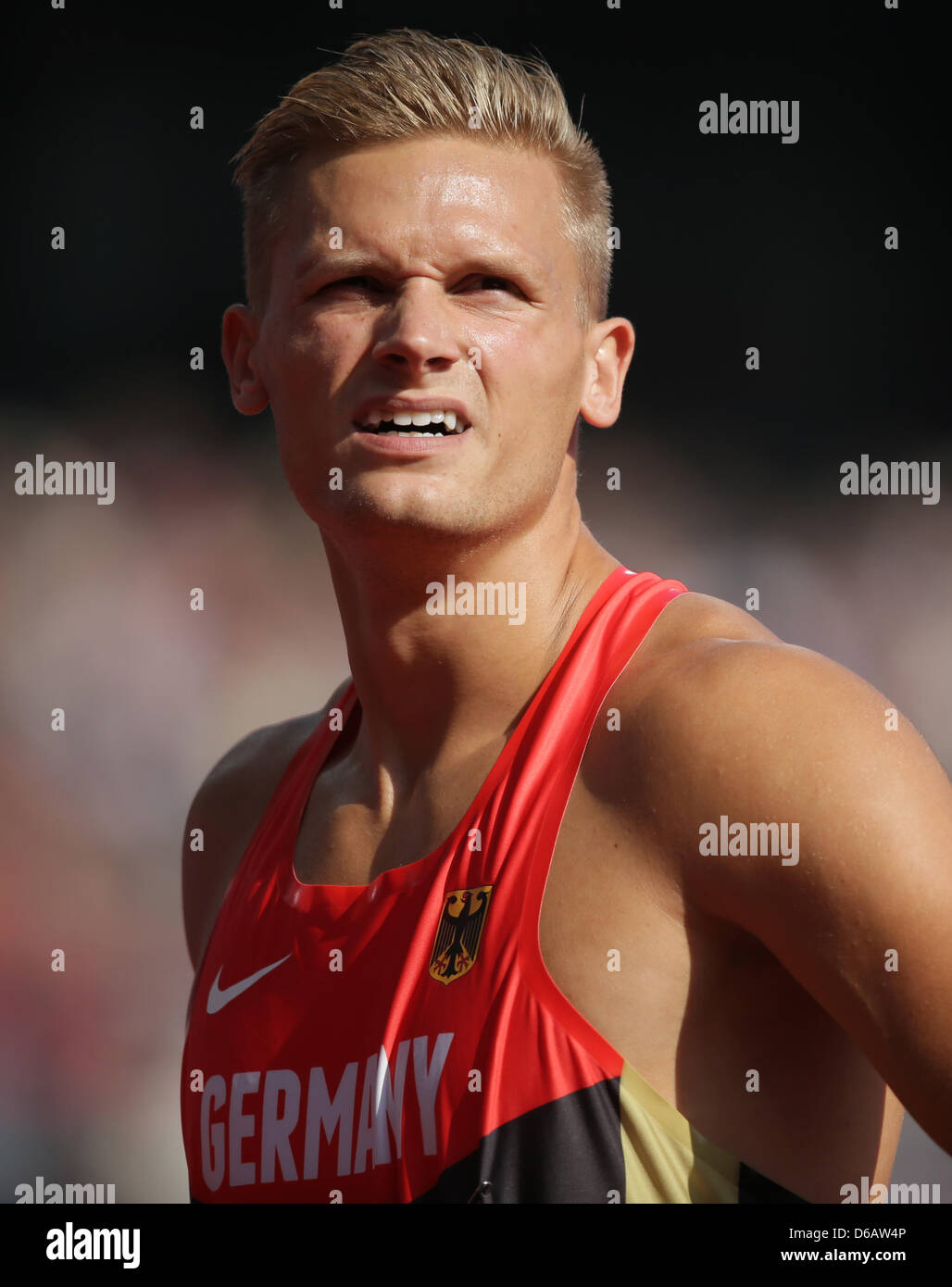 Pascal Behrenbruch of Germany reacts during the Men's Decathlon 110m  Hurdles in Olympic Stadium at the