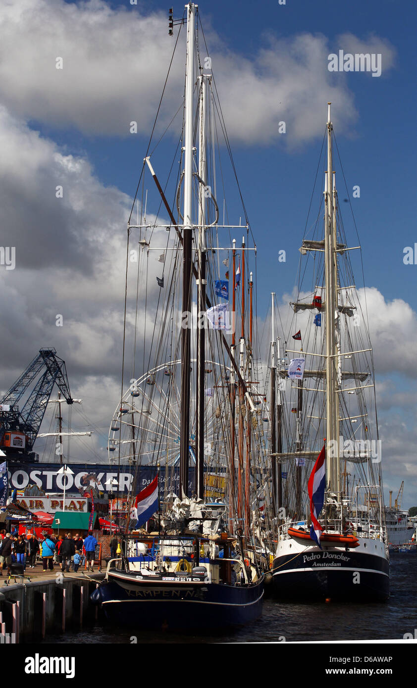 At the city harbor, sailing vessels have moored for the 22nd Hanse Sail festival in Rostock, Germany, 09 August 2012. The maritime festival runs from 09 until 12 August 2012 and features 170 traditional and museum ships. Photo: Jens Buettner Stock Photo