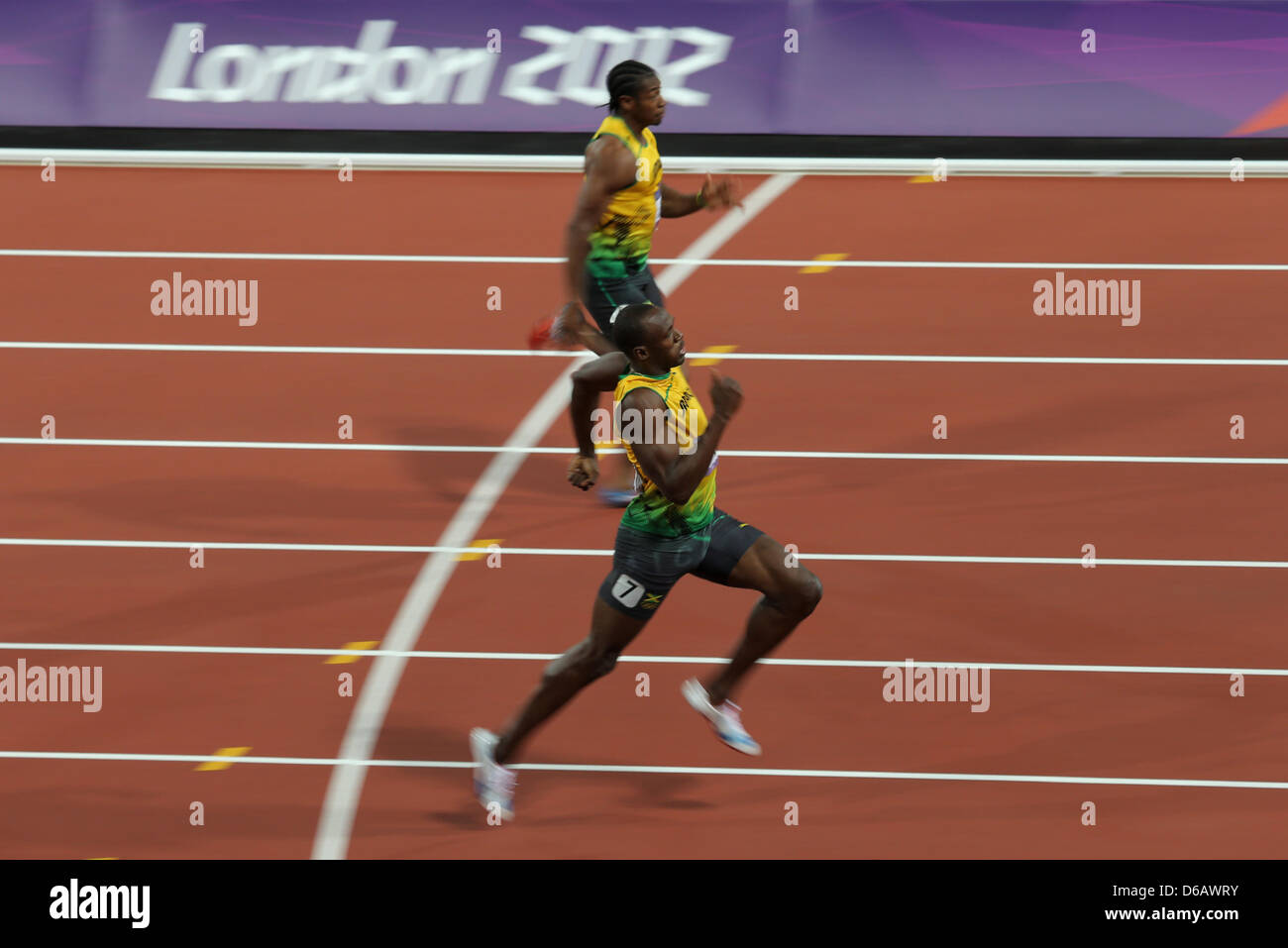 Usain Bolt (R) and Yohan Blake of Jamaica compete in the Men's 200m Final  during the London 2012 Olympic Games Athletics, Track and Field events at  the Olympic Stadium, London, Great Britain,, image size:1300x957