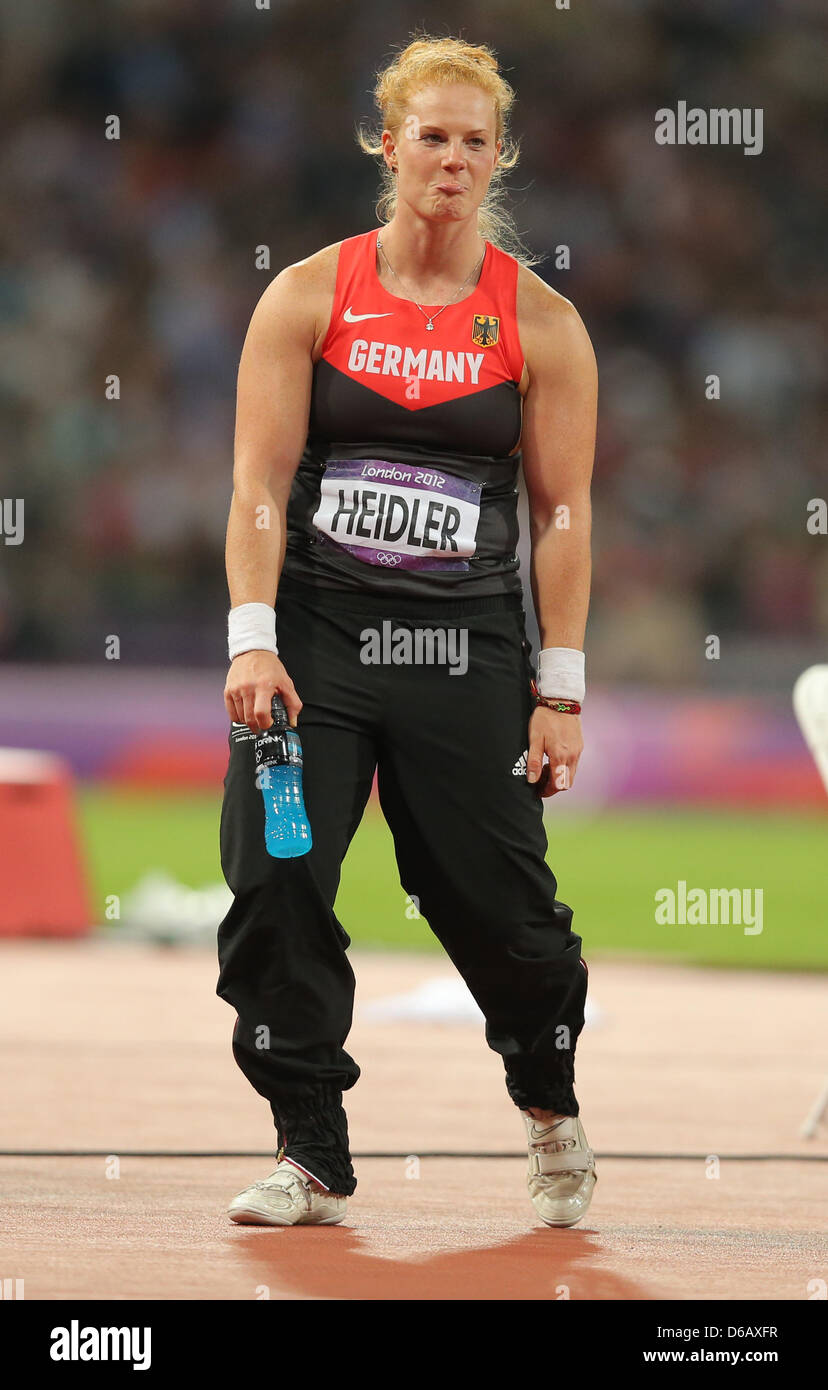 Germany's Betty Heidler reacts during the Women's Hammer Throw final at the  London 2012 Olympic Games Athletics, Track and Field events at the Olympic  Stadium, London, Great Britain, 10 August 2012. Photo: