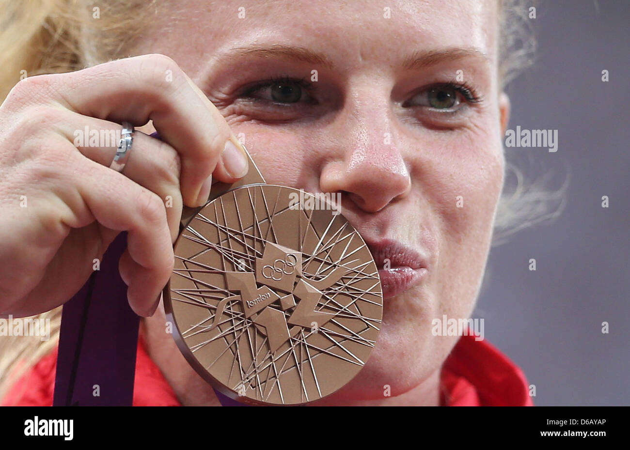 Bronze medalist Betty Heidler of Germany during the medal ceremony for the Women's Hammer Throw