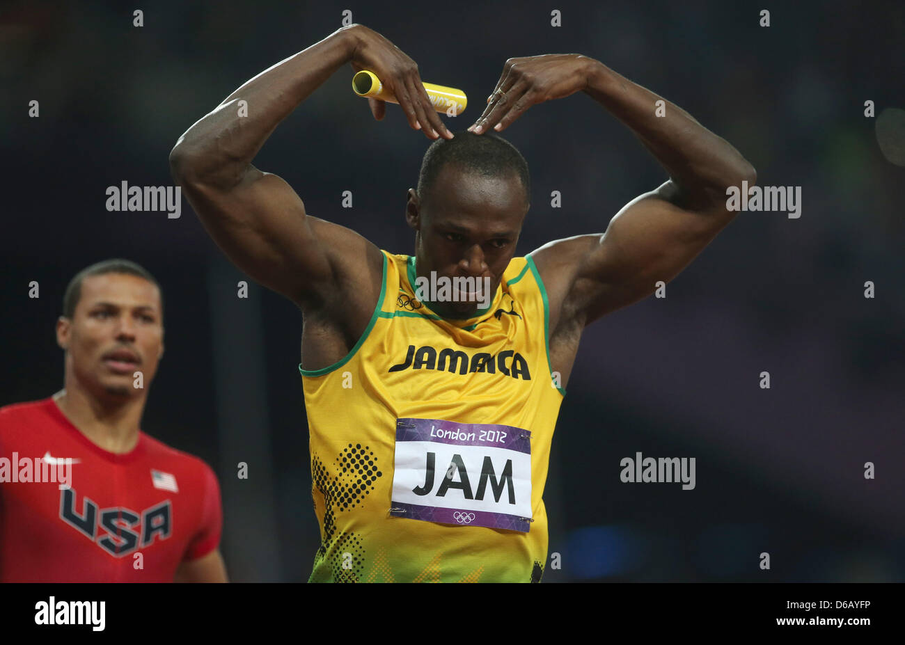 Usain Bolt of Jamaica celebrates after winning the Men's 4 x 100m Relay