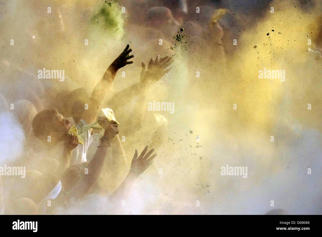 People throw coloured powders to celebrate a Holi festival in Heidelberg, Germany, 12 August