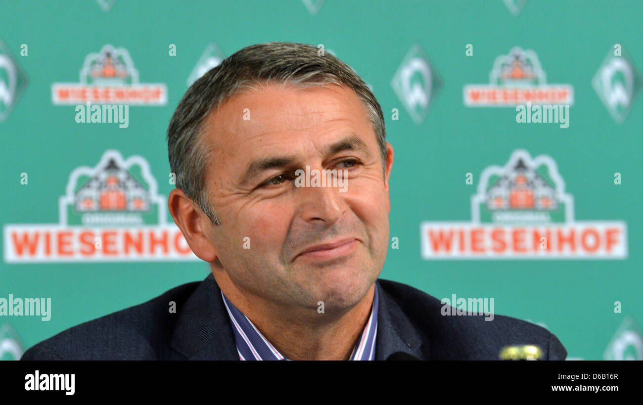 Werder Bremen CEO Klaus Allofs holds a press conference to present the new main sponsor of the Bundesliga soccer club, Wiesenhof poultry farms, at Weserstadium in Bremen, Germany, 13 August 2012. Photo: CARMEN JASPERSEN Stock Photo