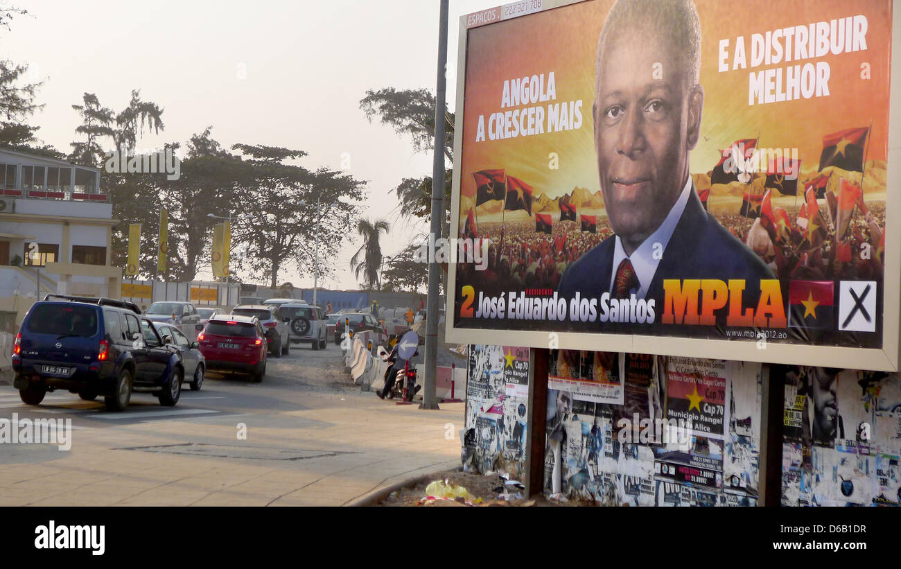 An election poster campaigns for President Jose Eduardo dos Santos in Luanda, Angola, 12 August 2012. Election campaigns have started in Angola. In spite of the vast mineral and petroleum reserves of the country, standards of living remain low for the majority of the population. Photo: Laszlo Trankovits Stock Photo