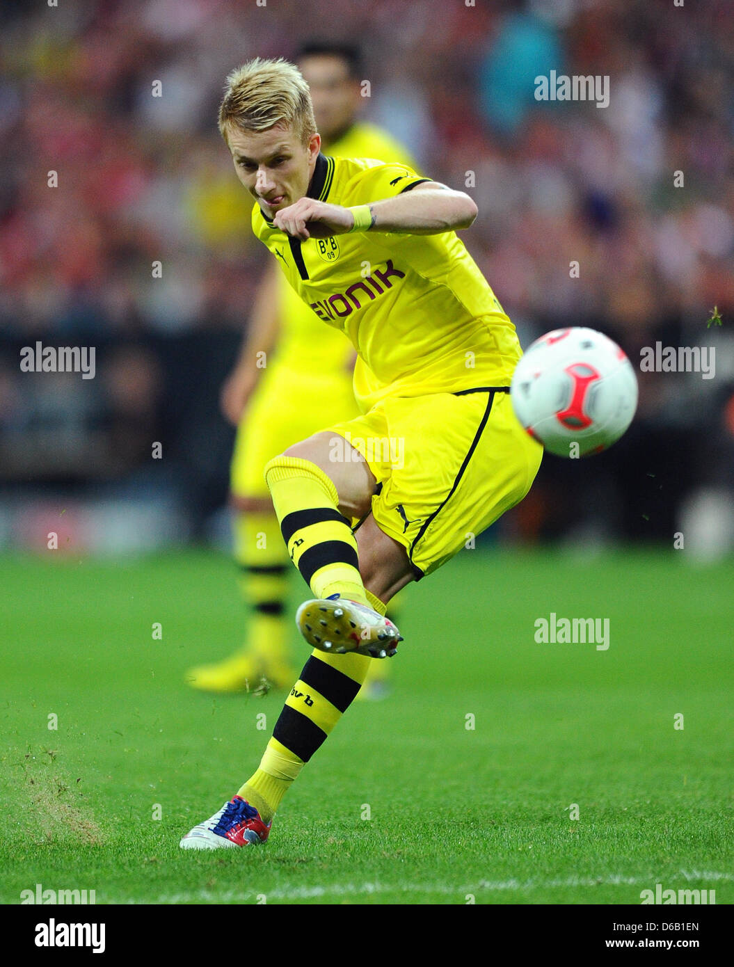 Dortmund's Marco Reus plays the ball during the DFL Super Cup final match between FC Bayern Munich and Borussia Dortmund at the Allianz Arena in Munich, Germany, 12 August 2012. Photo: Thomas Eisenhuth Stock Photo